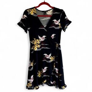 Black Wrap Dress with Crane Print